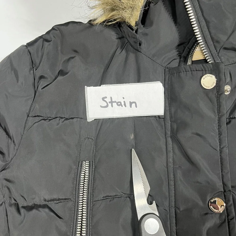 Michael Michael Kors Black Puffer Coat Faux Fur Hood Belted Winter Jacket Large
